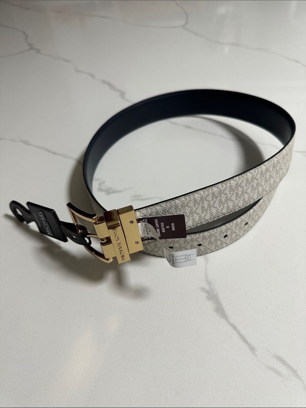 Michael Kors Logo Print Reversible Belt with Gold Buckle